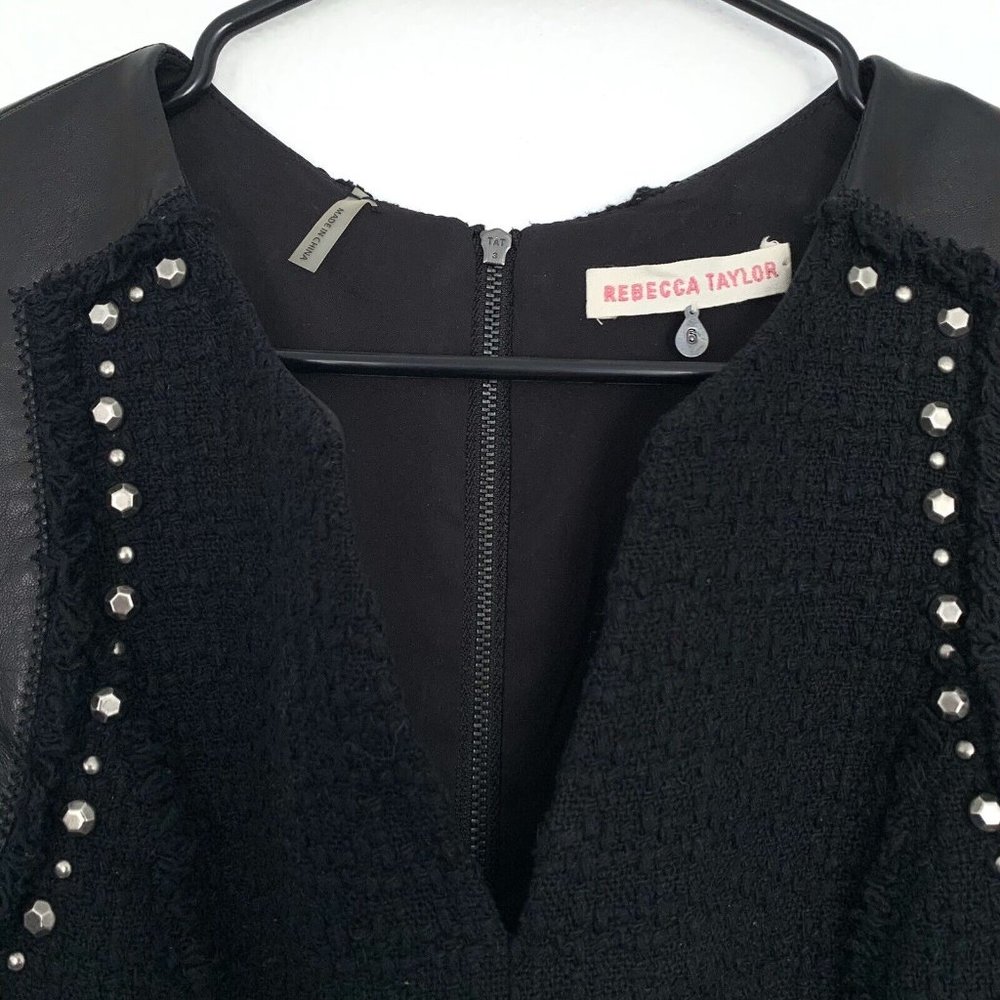 Rebecca Taylor Dress Black Tweed Studded Sleeveless Lamb Leather Fray - Picture 6 of 12